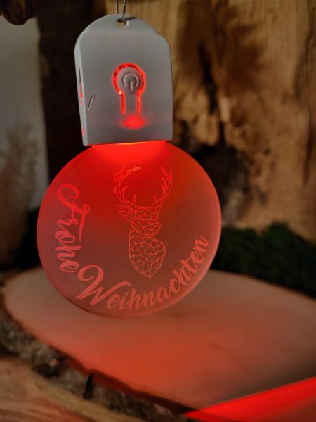 ChristbaumSchmuck rund "Hirsch modern" mit "Frohe Weihnachten" und LED